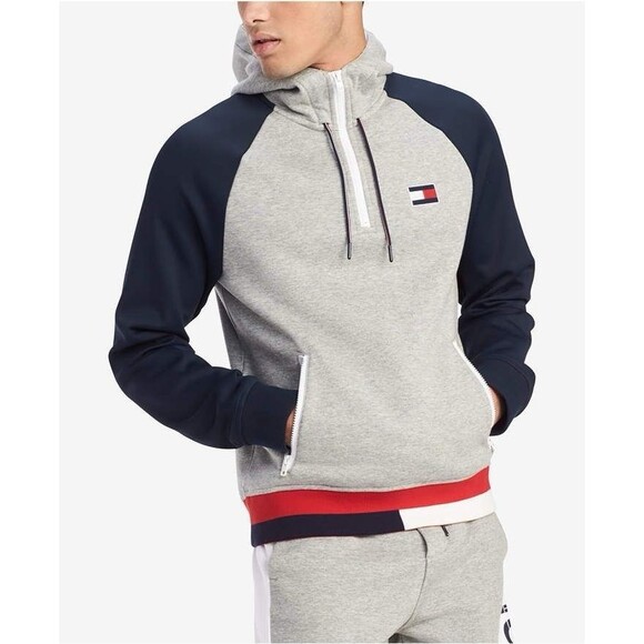 Tommy Hilfiger Hoodie Men's L Grey Heather Embroidered Logo 1/4 Zip Y2K - Picture 1 of 9